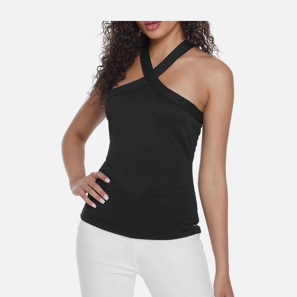 Guess Black Cross-Strap Ribbed Tank Top